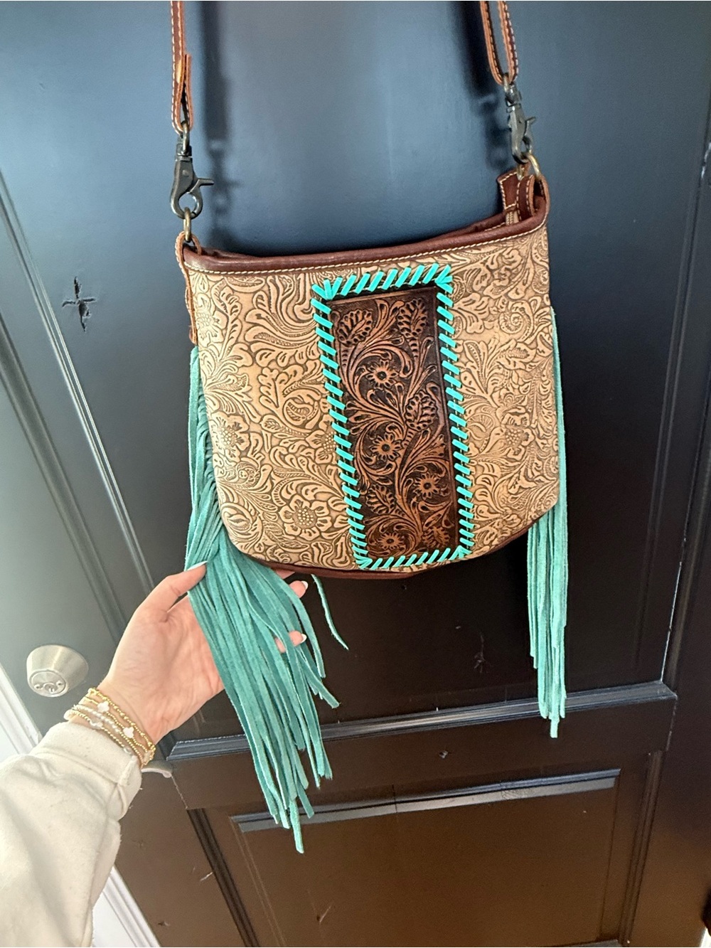 Myra Bag Brown Tooled Leather Crossbody with Turquoise Fringe